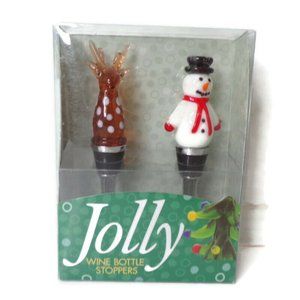 Jolly Wine Bottle Stoppers Art Glass Snowman and Reindeer.